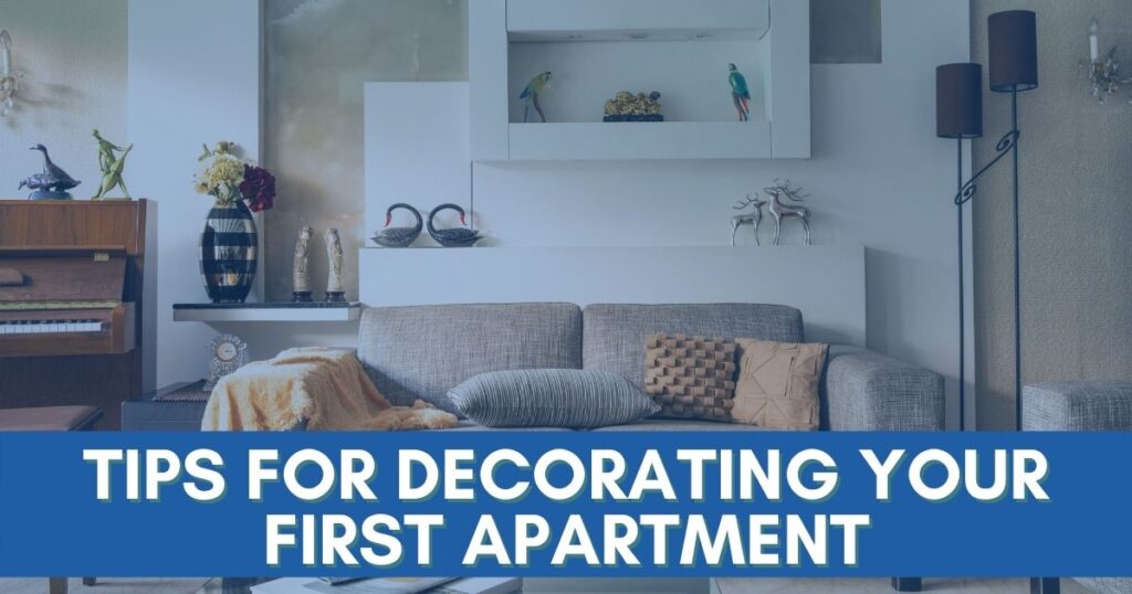 Ashford Communities blog cover photo with text on blue bar "Tips for Decorating Your First Apartment"