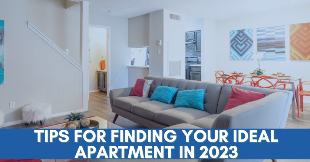 Texas apartment living room with text: Tips for Finding your ideal apartment in 2023