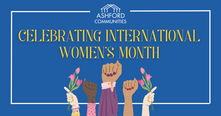 Blue photo with white border, Ashford Communities logo, Women's hands at the bottom and words Celebrating International Women's Month