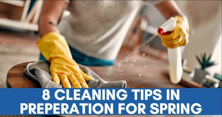 Person wearing yellow gloves and holding a spray cleanser for his texas apartment. Blue banner with words 9 cleaing tips in preparation for Spring