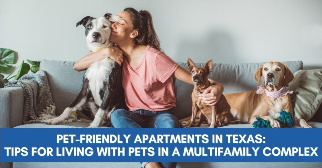 Photo with a woman in a Texas apartment embracing a dog and holding another dog.